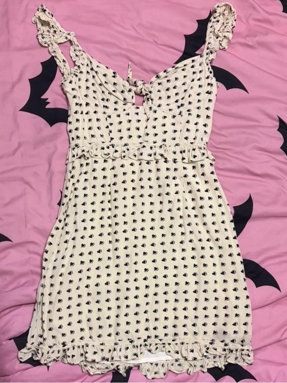 For Love & Lemons Cream Mini Dress with Black Heart Print